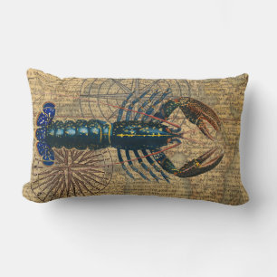 Vintage Blue Lobster Map Collage: Nautical Coastal Lumbar Pillow
