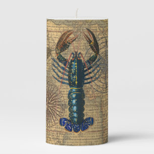 Vintage Blue Lobster Map Collage: Nautical Coastal Pillar Candle