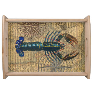 Vintage Blue Lobster Map Collage: Nautical Coastal Serving Tray