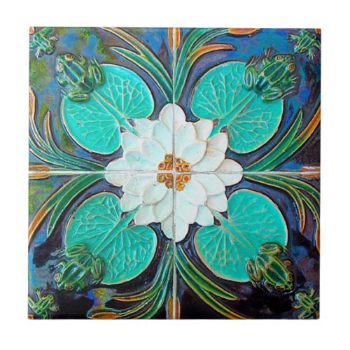 Vintage Blue Lotus Frog Portuguese  Ceramic Tile