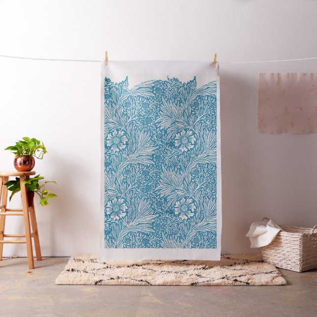 Vintage Blue Marigold Ornament Illustration Fabric (In Situ)
