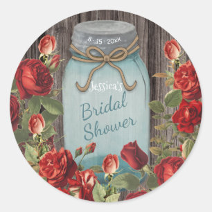 Vintage Blue Mason Jar Rustic Floral Bridal Shower Classic Round Sticker