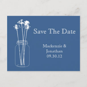 Vintage Blue Mason Jar Wildflowers Save The Date Announcement Postcard