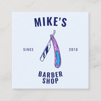 Vintage Blue Mens Barbershop Razor Hair Stylist Square Business Card by moodii at Zazzle