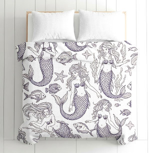 Vintage Blue Mermaid & Sea Life Pattern Duvet Cover