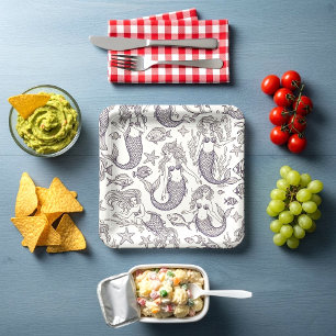 Vintage Blue Mermaid & Sea Life Pattern Paper Plates