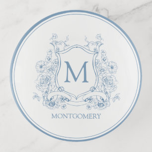 Vintage Blue Monogram Crest Trinket Tray