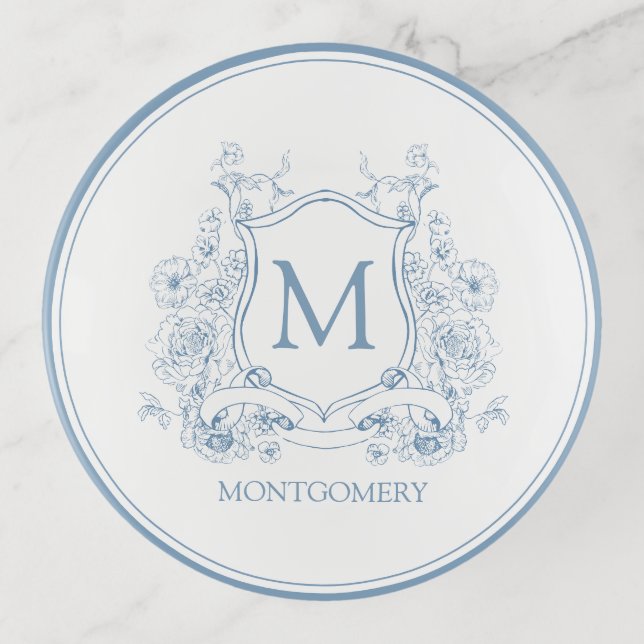 Vintage Blue Monogram Crest Trinket Tray (Front)