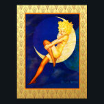 Vintage Blue Moon Poster<br><div class="desc">This is a vintage image of a deco lady sitting on the moo admiring her stockings. I have backed this with an art deco pattern in gold. This is such a lovely vintage image. I just love her gold hair. It would make a great print for your wall.</div>