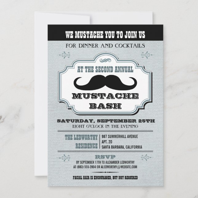 Vintage Blue Mustache Bash Invitation (Front)