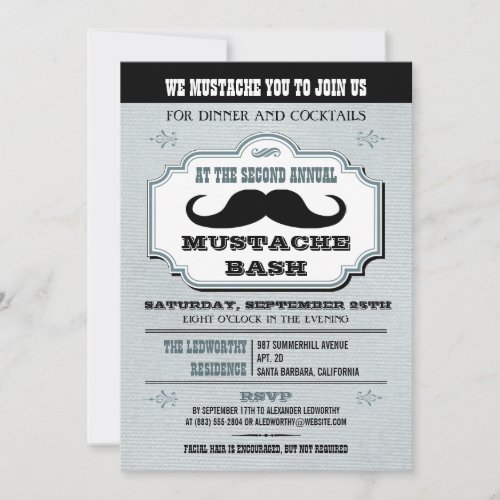 Vintage Blue Mustache Bash Custom Invitation