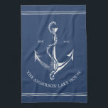 Vintage Blue Nautical Anchor Lake House Boat  Kitchen Towel<br><div class="desc">Personalized kitchen towel with a nautical theme, featuring a vintage anchor and your family name and est. date of choice on a solid navy blue background. Perfect for a lake house, beach house, vacation rental or a boat. Fully customizable colors and text. Makes the perfect elegant lake house or boat...</div>
