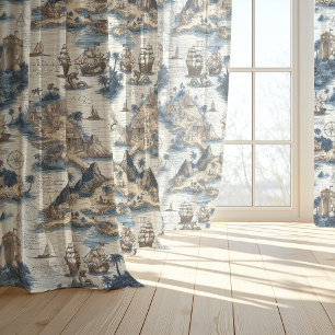Vintage Blue Nautical Pirate Island Toile Sheer Curtains