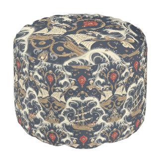 Vintage Blue Nautical Tall Ship Pattern Pouf