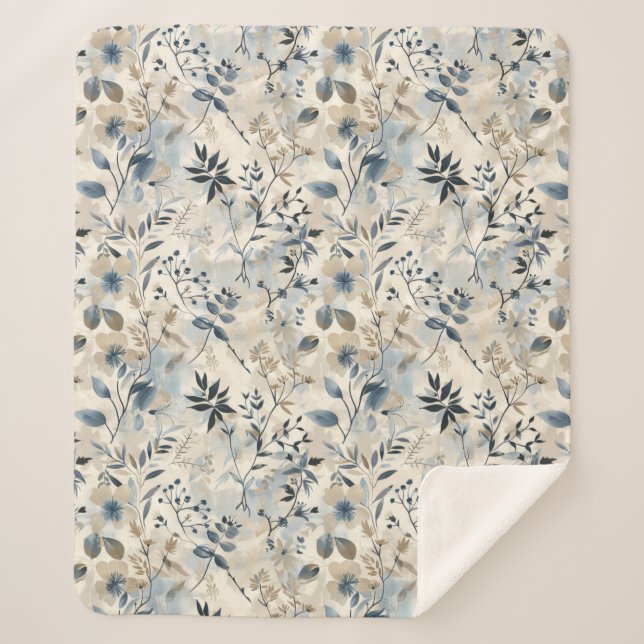 Vintage Blue Neutral Floral Sherpa Blanket (Front)