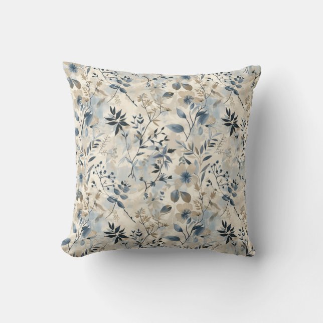Vintage Blue Neutral Floral Throw Pillow (Front)
