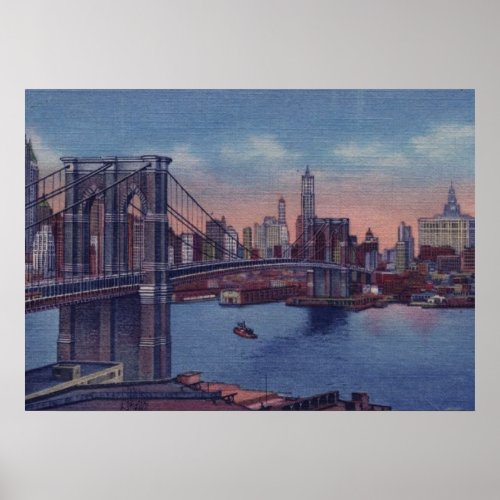 Vintage Blue New York City Night Artwork Poster