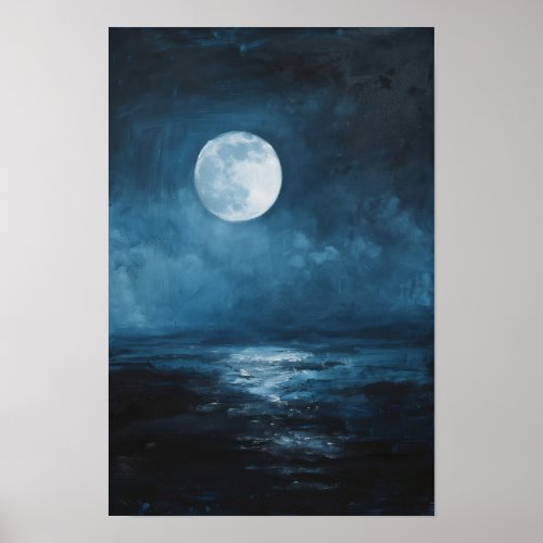 Vintage Blue Ocean Moon Landscape Painting Poster