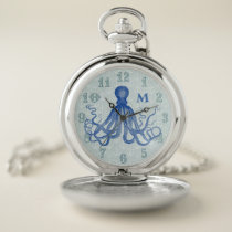 Vintage Blue Octopus Nautical Anchors Monogrammed Pocket Watch