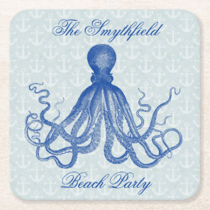 Vintage Blue Octopus with Anchors Beach Party Square Paper Coaster