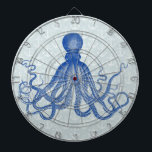 Vintage Blue Octopus with Anchors Dart Board<br><div class="desc">This beautiful antique octopus drawing* from the 19th Century has been recolored blue and placed on a pretty gray-blue distressed / grunge background with a faint anchor pattern. The result is an original dartboard to match your nautical and beach theme home decor. The fancy, Victorian octopus has plenty of waving...</div>