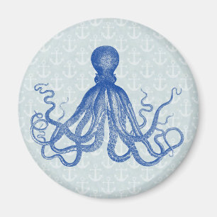 Vintage Blue Octopus with Anchors Magnet