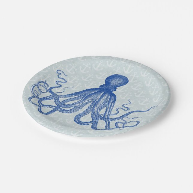 Vintage Blue Octopus with Anchors Paper Plates (Angled)