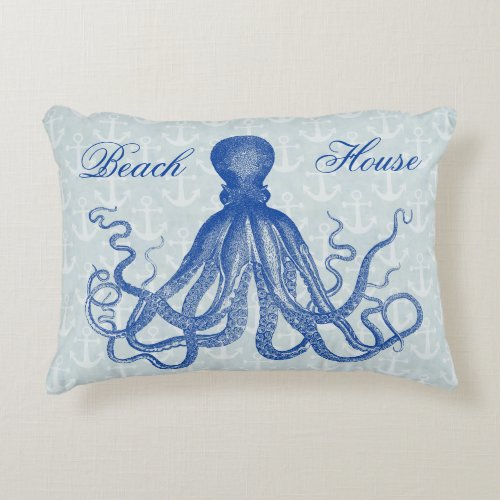 Vintage Blue Octopus with Anchors Personalized Accent Pillow