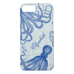 Vintage Blue Octopus with Anchors Personalized iPhone 8/7 Case