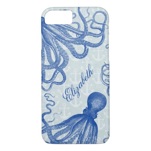 Vintage Blue Octopus with Anchors Personalized iPhone 87 Case