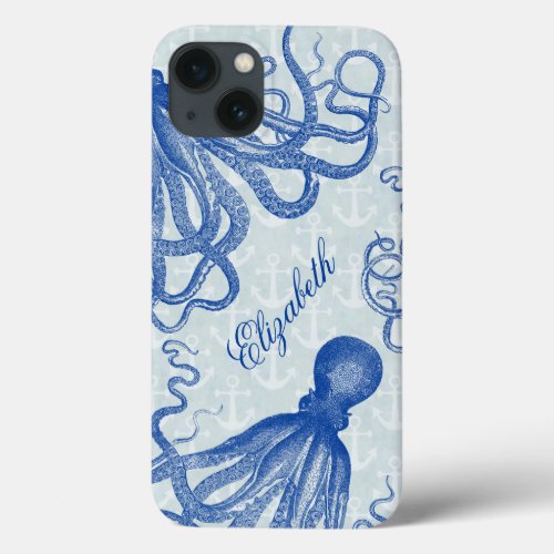 Vintage Blue Octopus with Anchors Personalized iPhone 13 Case