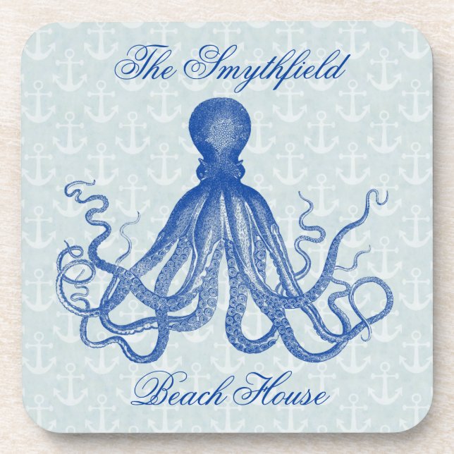 Vintage Blue Octopus with Anchors Personalized Coaster (Front)