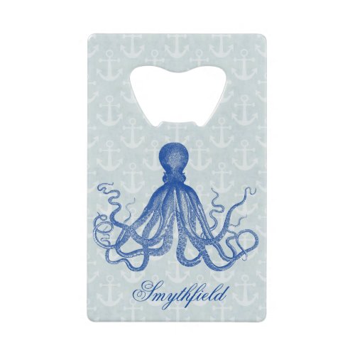 Vintage Blue Octopus with Anchors Personalized Credit Card Bottle Opener