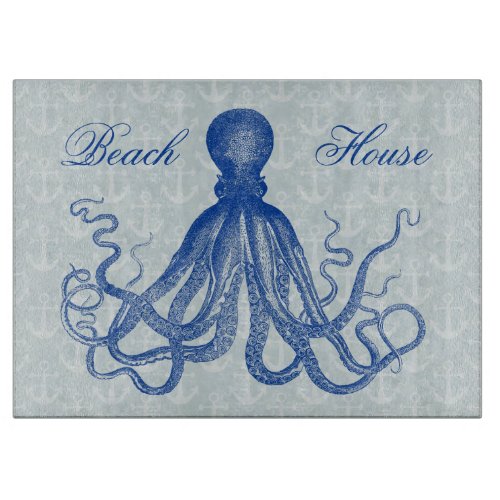 Vintage Blue Octopus with Anchors Personalized Cutting Board