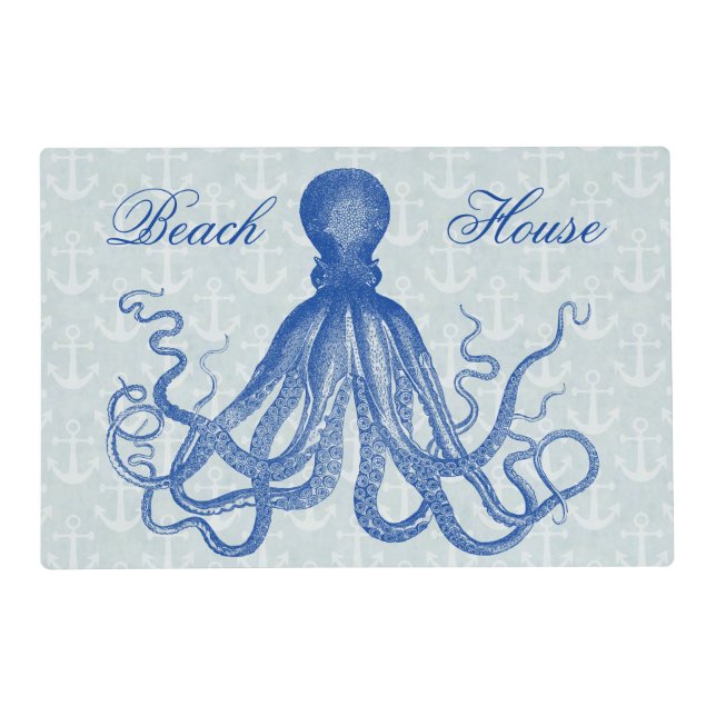 Vintage Blue Octopus with Anchors Personalized Placemat (Front)