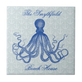 Vintage Blue Octopus With Anchors Personalized Tile by FancyCelebration at Zazzle