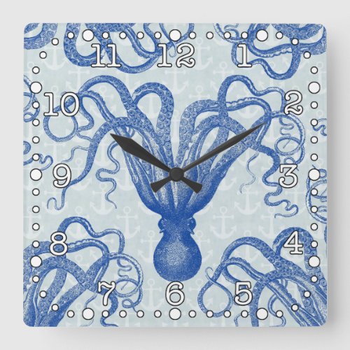 Vintage Blue Octopus with Anchors Square Wall Clock