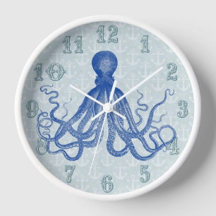 Vintage Blue Octopus with Anchors Wall Clock