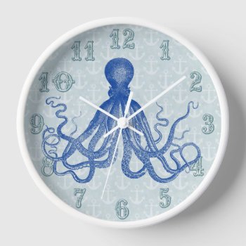 Vintage Blue Octopus With Anchors Wall Clock by FancyCelebration at Zazzle