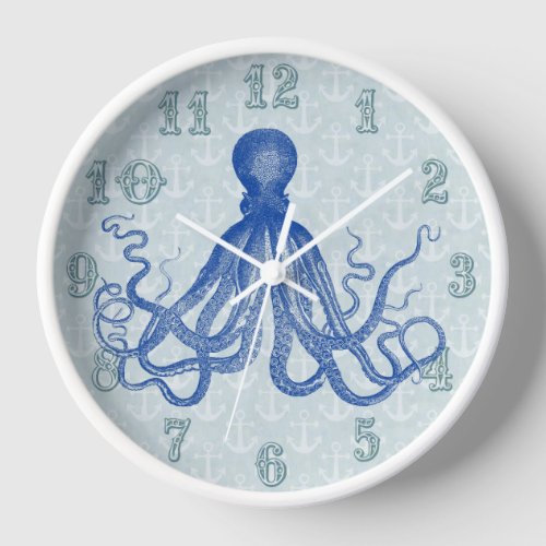 Vintage Blue Octopus with Anchors Wall Clock