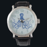 Vintage Blue Octopus with Anchors Watch<br><div class="desc">This beautiful antique octopus drawing* from the 19th Century has been recolored blue and placed on a pretty gray-blue distressed / grunge background with a faint anchor pattern. The result is an original watch to match your nautical and beach theme fashion. The watch numbers are done in a fancy, Victorian...</div>