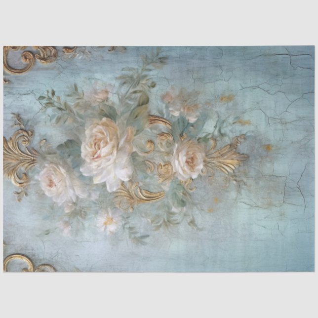 Vintage blue old painted wall white English roses  Tissue Paper (Front)