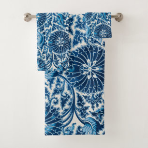 Vintage Blue Ornamental Floral Pattern Bath Towel Set