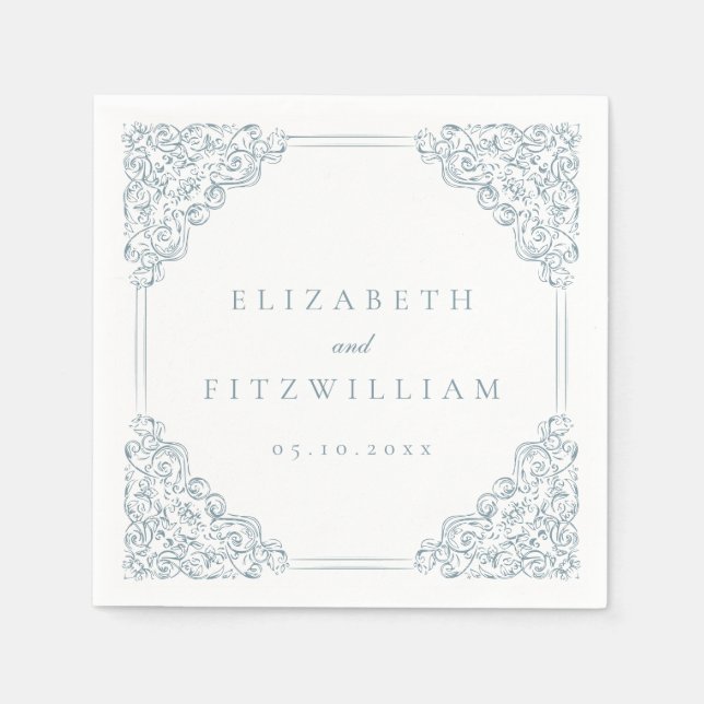 Vintage Blue Ornate Frame Wedding Napkins (Front)