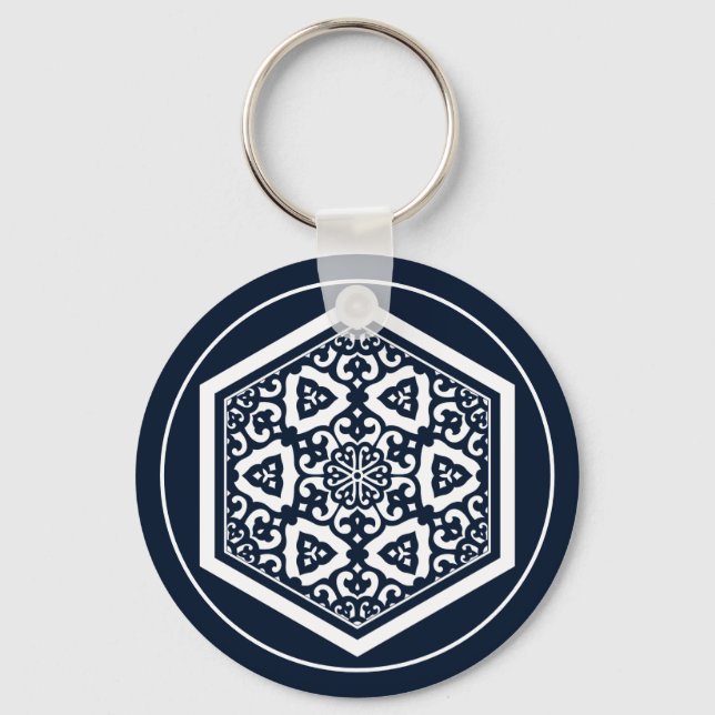 Vintage Blue Ottoman Turkish Tracery Graphic Keychain (Front)