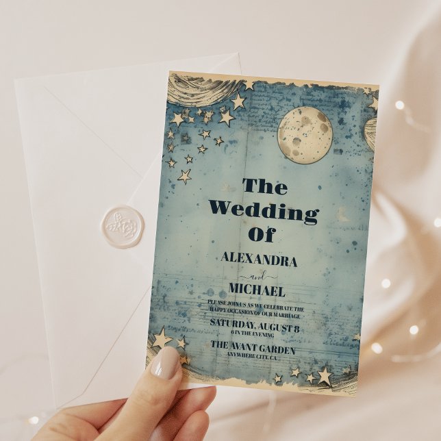 Vintage Blue Outer Space Starry Universe Wedding Invitation (Creator Uploaded)