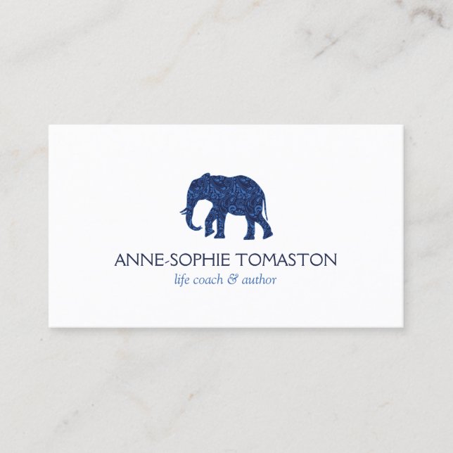 Vintage Blue Patterned Elephant Business Card (Front)