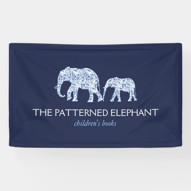 Vintage Blue Patterned Elephants Child Care Banner (Horizontal)