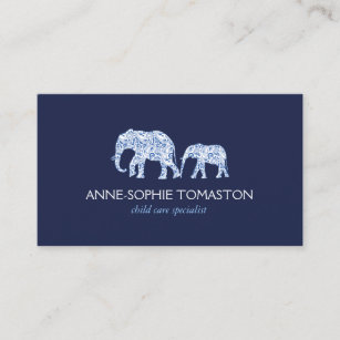 Vintage Blue Patterned Elephants Child Care Business Card