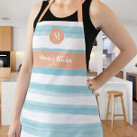 Vintage Blue Peach Pink Nautical Monogram Gift Apron<br><div class="desc">A personalized apron that would make a perfect Christmas gift for a hostess, but also birthday, Christmas or Mother's Day gift, featuring a pattern of watercolor, hand-drawn nautical blue stripes, with vintage peach pink accents and for the straps. Personalize it with a name - with your mom's name (or Nana...</div>